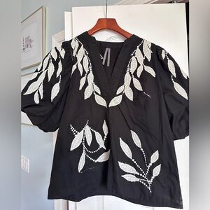 Anthropologie Black Cotton Blouse with White Leaf Embroidery